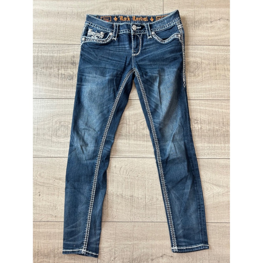 Rock Revival Pilar Skinny Jeans Dark Wash Embellished Stitch Blue 28